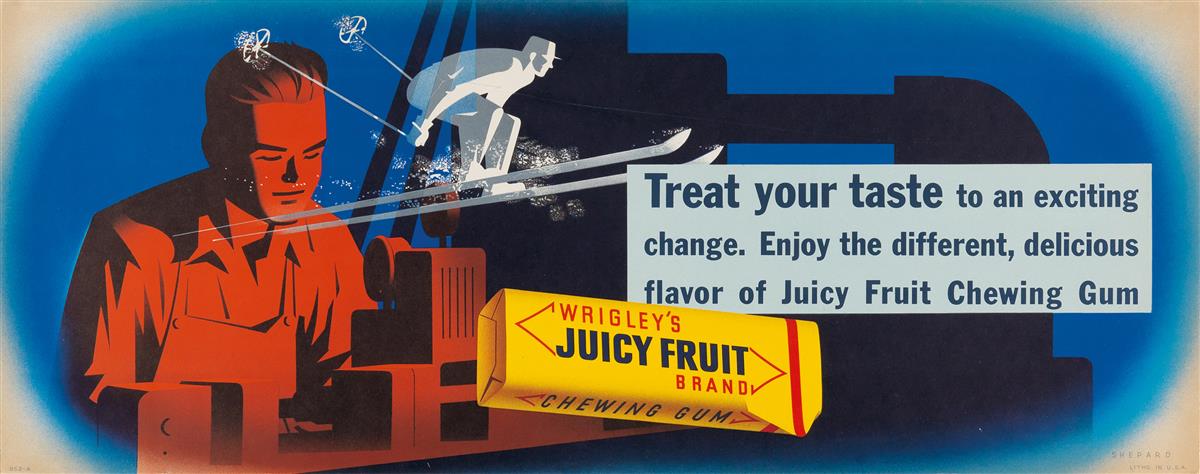OTIS SHEPARD (1894-1969). WRIGLEYS JUICY FRUIT / TREAT YOUR TASTE. Trolley card. Circa 1951. 11x28 inches, 28x71 cm.